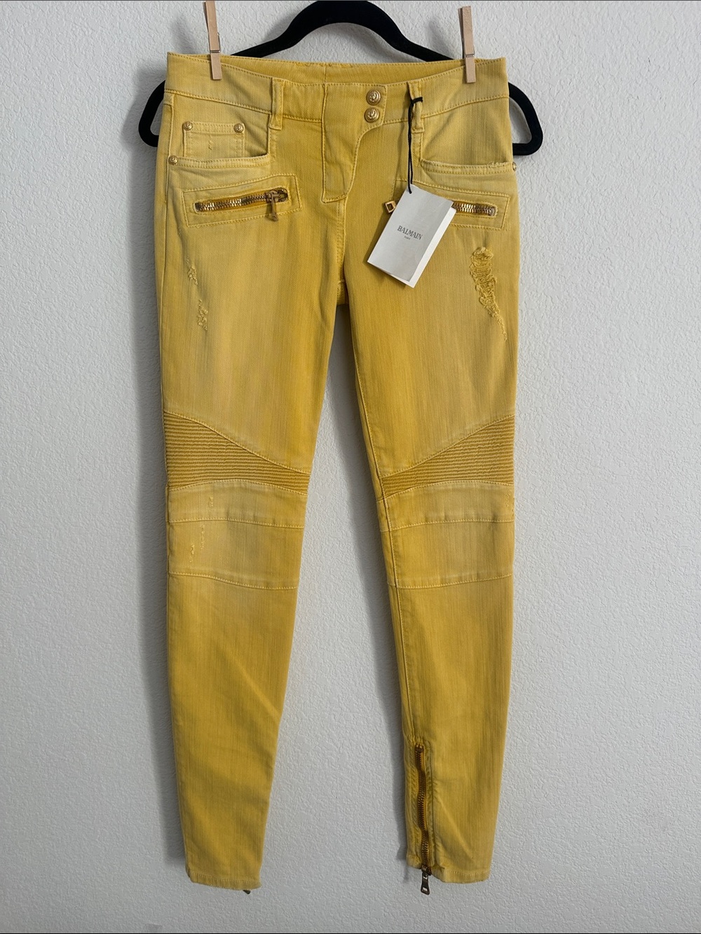 NWT BALMAIN moto yellow stretch jeans 36 XS 0 $1365